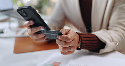 Buy stock photo Business person, hands and phone with credit card for online transaction, purchase or banking at office. Employee, document or user with mobile smartphone or debit for ecommerce app or remote payment