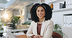 Happy, office and portrait of business woman at desk for accounting, finance career and confidence. Professional, corporate and person with smile for financial consultant, budget planning and job