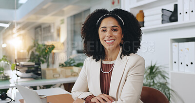 Buy stock photo Happy, office and portrait of business woman at desk for accounting, finance career and confidence. Professional, corporate and person with smile for financial consultant, budget planning and job