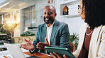 Tablet, teamwork and laptop with business people in office for planning, account manager or research. Digital review, collaboration and client application with employees in financial firm for report