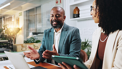 Buy stock photo Tablet, teamwork and laptop with business people in office for planning, account manager or research. Digital review, collaboration and client application with employees in financial firm for report