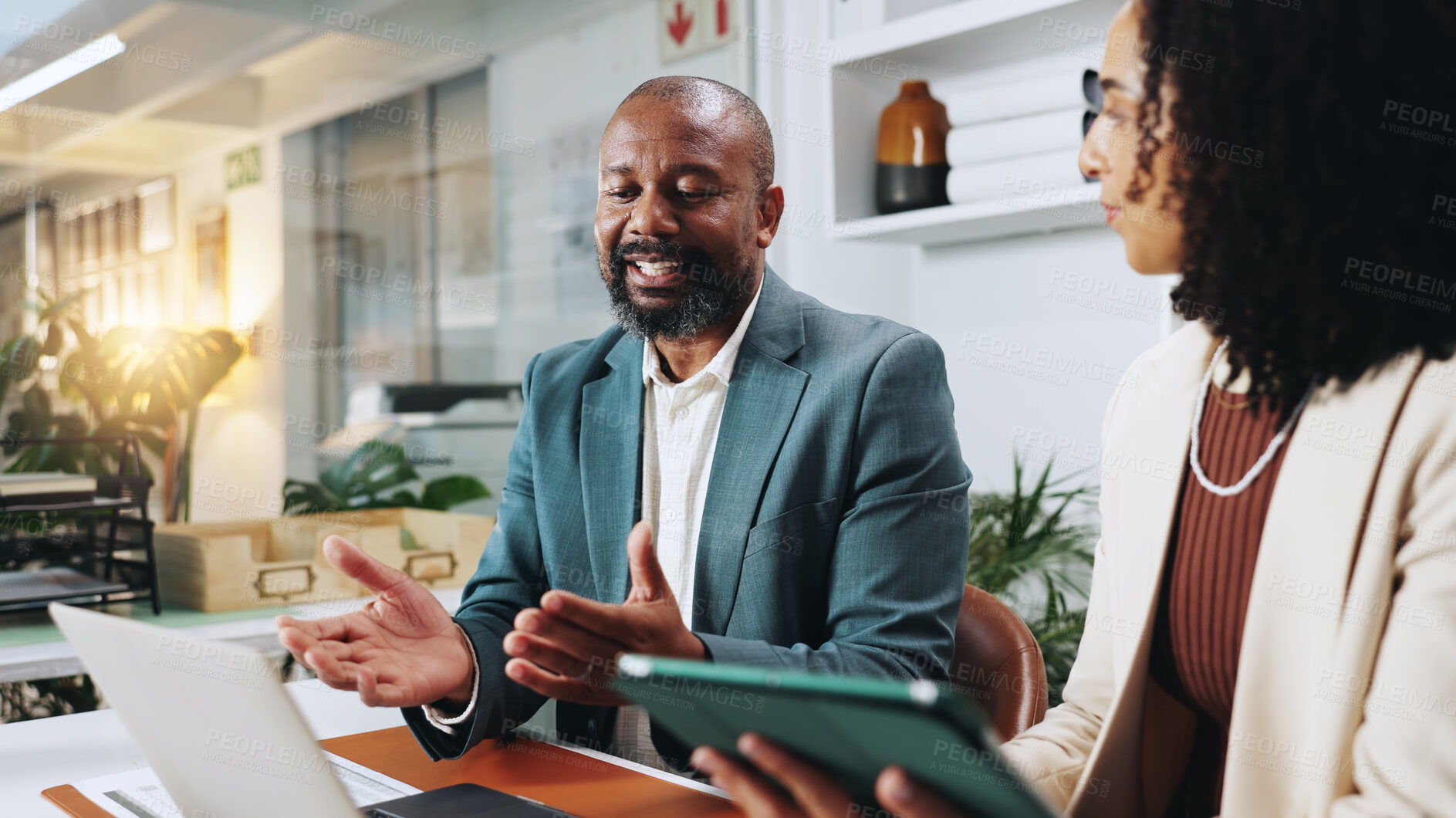 Buy stock photo Tablet, teamwork and laptop with business people in office for planning, account manager or research. Digital review, collaboration and client application with employees in financial firm for report