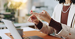 Hands, counting and business person with laptop for budget, accounting or tax calculation in office. Woman, asset management and technology for finance, profit or review for payment or online banking