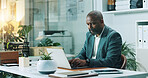 Typing, laptop and reading with business black man in office for risk assessment, policy review or planning. File claim, insurance application and underwriter with person for inspection report