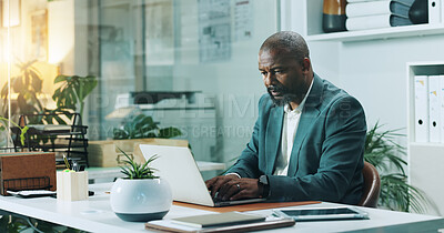 Buy stock photo Typing, laptop and reading with business black man in office for risk assessment, policy review or planning. File claim, insurance application and underwriter with person for inspection report