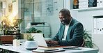 Smile, laptop and reading with business black man in office for risk assessment, policy review or planning. File claim, insurance application and digital underwriter with person for inspection report