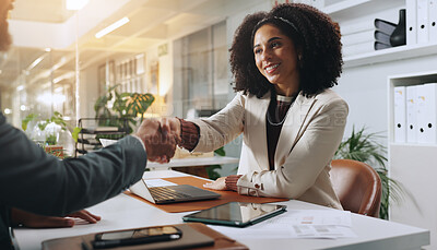 Buy stock photo Agreement, handshake and business people in office, partnership and company onboarding. Shaking hands, meeting and employees with welcome, risk management and success with corporate deal and greeting