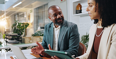 Buy stock photo Talking, teamwork and online with business people in office for planning, account manager or research. Digital review, collaboration and client application with employees in financial firm for report