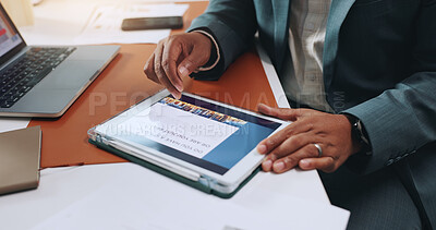 Buy stock photo Businessman, hands and tablet with article, screen and website for strategy and corporate news in office. Digital tech, project planning and scroll online for reading information, growth with media
