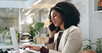 Phone call, laptop and reading with business woman in office for risk assessment, policy or communication. File claim, insurance application and underwriter contact with person for inspection report
