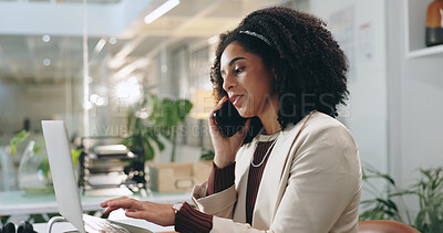 Buy stock photo Phone call, laptop and reading with business woman in office for risk assessment, policy or communication. File claim, insurance application and underwriter contact with person for inspection report