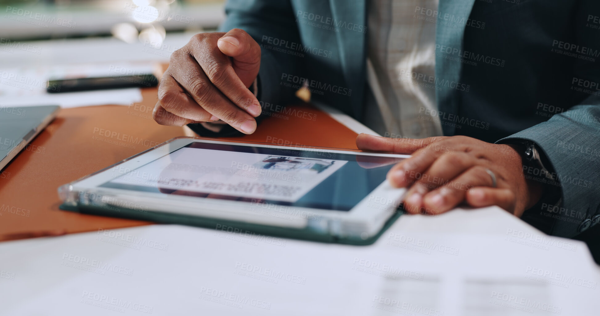 Buy stock photo Businessman, hands and tablet with website, article and research for strategy and corporate news in office. Digital tech, project planning and scroll online for reading information, app with media