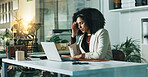 Business, headache and woman in workplace, pain and fatigue with health risk, deadline or tax audit. Person, employee and financial consultant with migraine, laptop and burnout with stress and tired