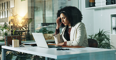 Buy stock photo Business, headache and woman in workplace, pain and fatigue with health risk, deadline or tax audit. Person, employee and financial consultant with migraine, laptop and burnout with stress and tired