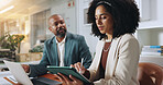 Tablet, teamwork and reading with business people in office for planning, account manager or research. Digital review, collaboration and client application with employees in financial firm for report