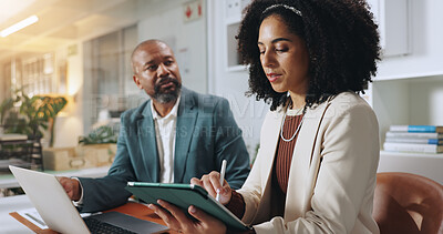 Buy stock photo Tablet, teamwork and reading with business people in office for planning, account manager or research. Digital review, collaboration and client application with employees in financial firm for report