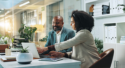 Buy stock photo Laptop, business people and team planning in office for insurance, meeting or idea at night. Computer, collaboration and happy African workers with feedback, solution and help with policy on overtime