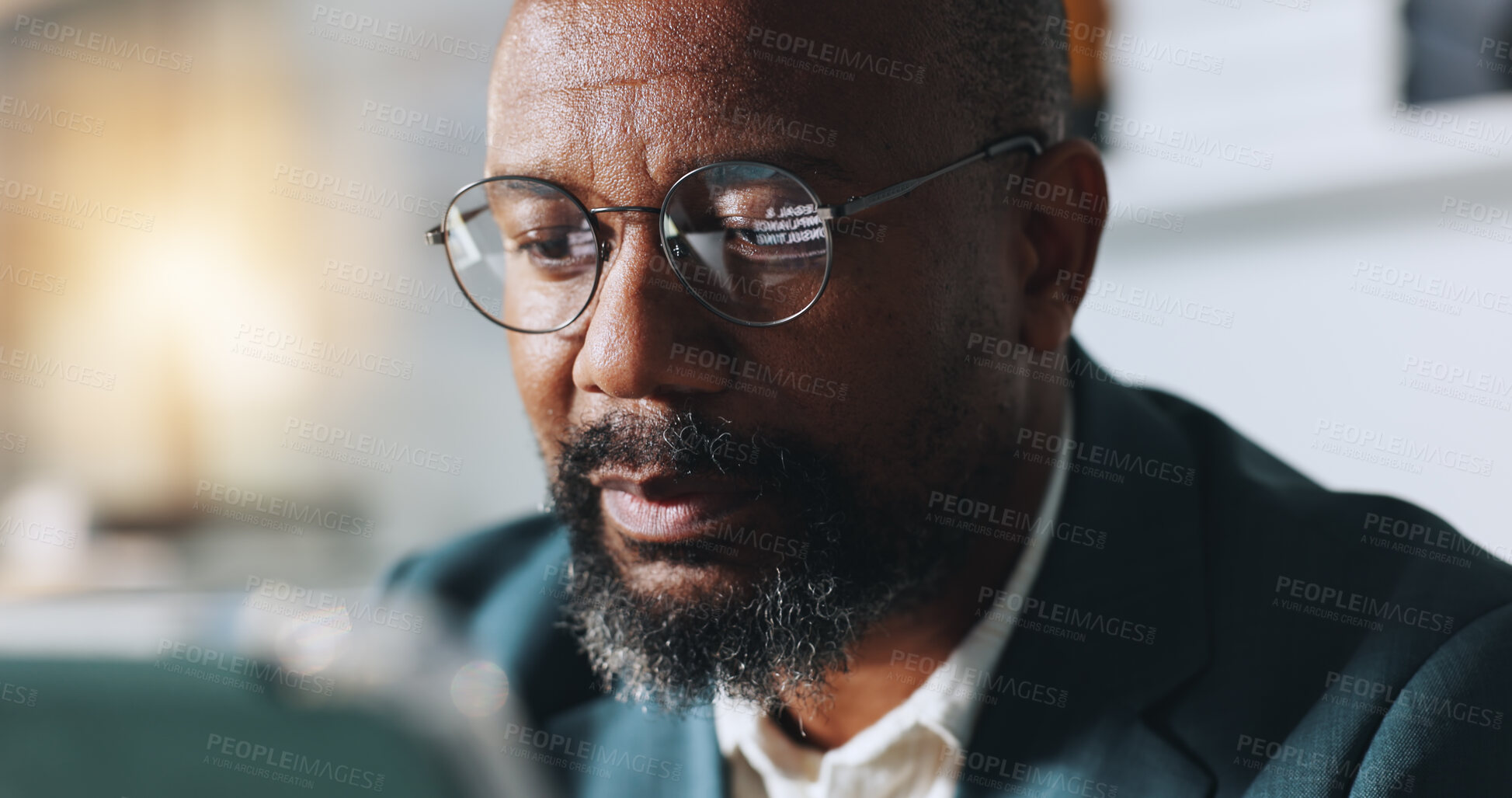 Buy stock photo Business, glasses and black man with tablet, reflection or risk management with economy report. Mature person, email or corporate professional in office, tech or online schedule with tax audit or app
