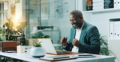 Buy stock photo Fist pump, laptop and black man in office with winning, bonus or job promotion email with celebration. Happy, finance business and African male financial manager with investment approval in workplace