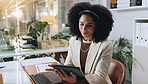 Reading, tablet and woman with laptop in office for online project, proposal and website research. Business, financial consultant and person on digital tech for planning budget, report and email