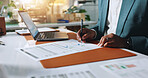 Signature, documents and business person hands for financial review, budget and company audit. Accountant, report and paperwork with laptop for finance compliance, tax or sales approval in office