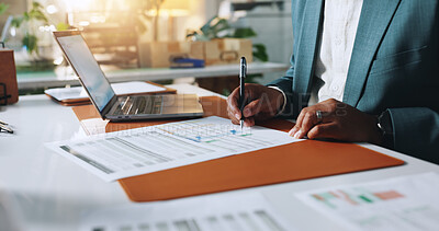 Buy stock photo Signature, documents and business person hands for financial review, budget and company audit. Accountant, report and paperwork with laptop for finance compliance, tax or sales approval in office