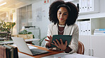 Scroll, tablet and woman with laptop in office for online project, proposal and website research. Business, financial consultant and person on digital tech for planning budget, report and email