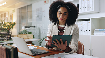 Buy stock photo Scroll, tablet and woman with laptop in office for online project, proposal and website research. Business, financial consultant and person on digital tech for planning budget, report and email
