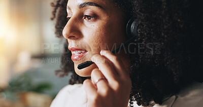 Buy stock photo Headset, call center and business woman in office for virtual assistant, information and help desk, Administration, contact us and receptionist with person in agency for communication and consulting