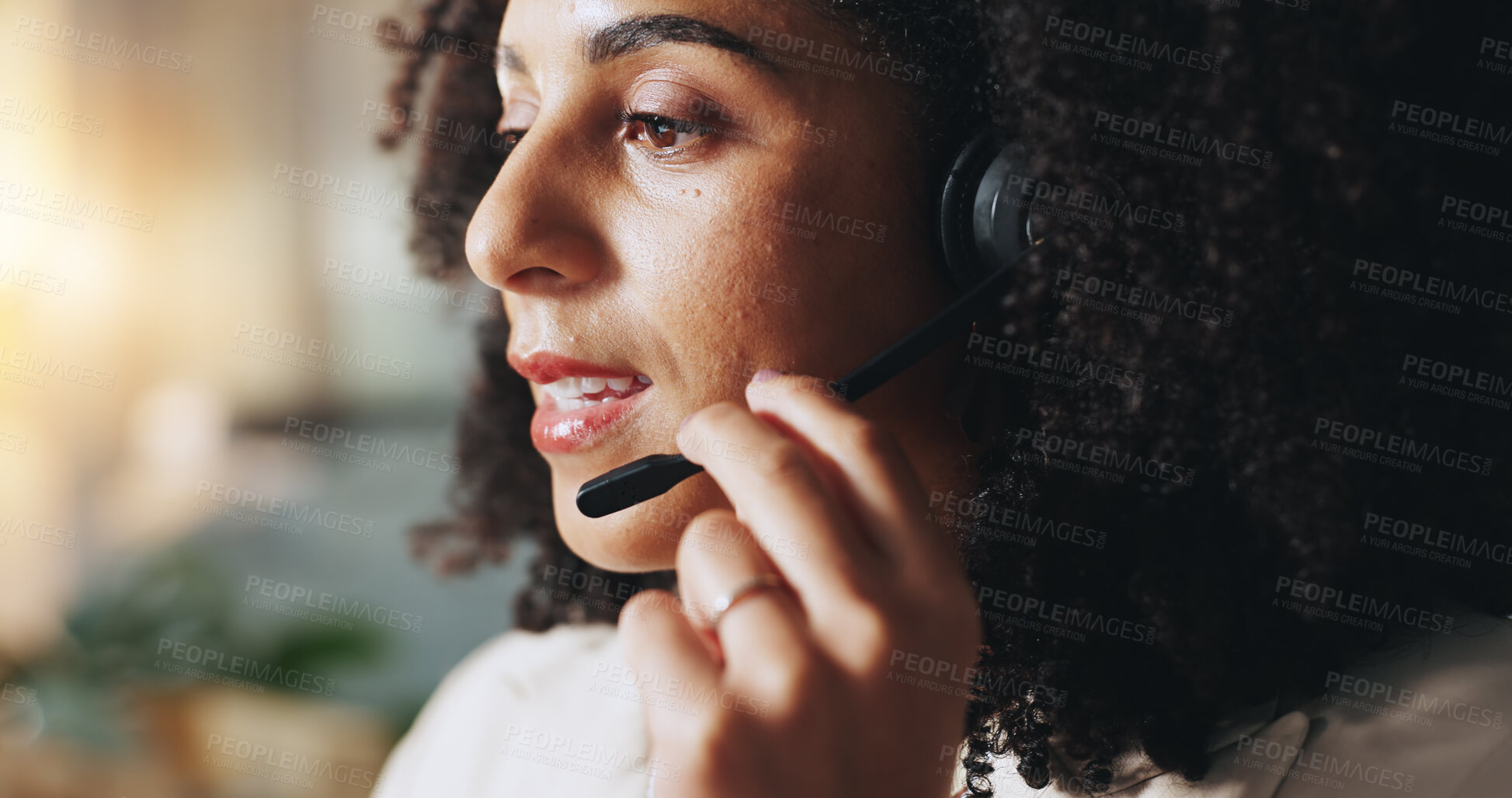 Buy stock photo Headset, call center and business woman in office for virtual assistant, information and help desk, Administration, contact us and receptionist with person in agency for communication and consulting