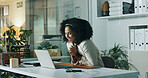 Excited, laptop and reading with business woman in office for risk assessment, policy payout or bonus. Claim success, insurance application and digital underwriter with person for inspection report