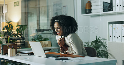 Buy stock photo Excited, laptop and reading with business woman in office for risk assessment, policy payout or bonus. Claim success, insurance application and digital underwriter with person for inspection report