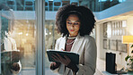 Night, planning and business woman on tablet for research notes, schedule and project management. Professional, corporate and worker on digital tech by glass for ideas, report or strategy in office