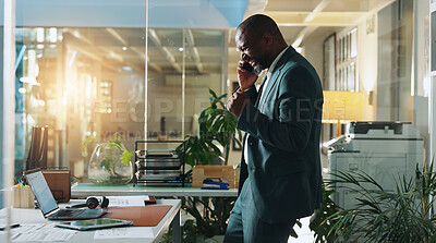 Buy stock photo Fist pump, phone call and success with black man in office for business, b2b deal or good news. Bonus, communication and celebration with excited employee in corporate workplace for goals or target