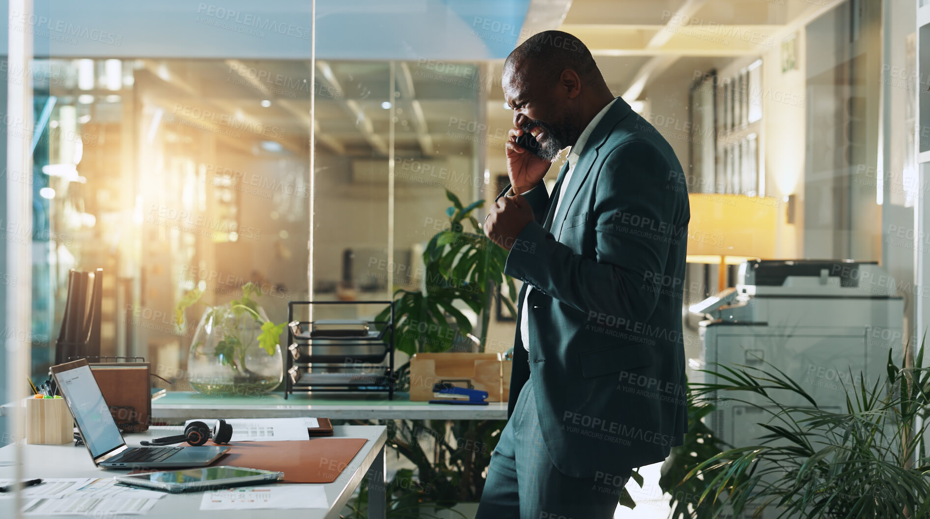Buy stock photo Fist pump, phone call and success with black man in office for business, b2b deal or good news. Bonus, communication and celebration with excited employee in corporate workplace for goals or target