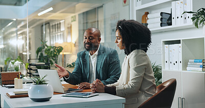 Buy stock photo Laptop, business people and team brainstorming in office for insurance, meeting or planning at night. Computer, collaboration and African workers with idea, feedback and help with policy on overtime