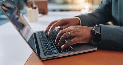 Buy stock photo Business person, hands and typing with laptop for research planning, journalism or information. Journalist, keyboard or employee online for article, career blog and project management in office