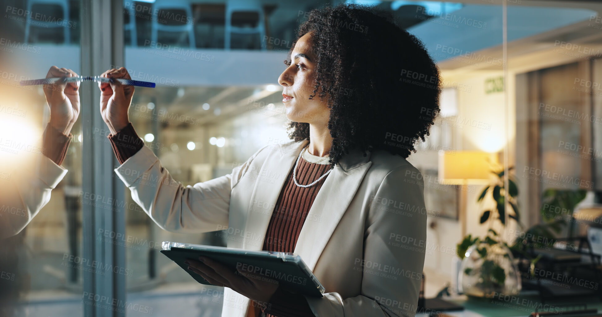 Buy stock photo Writing, planning and business woman on tablet for research notes, schedule and project management. Office, corporate and worker on digital tech by glass for ideas, proposal and strategy at night