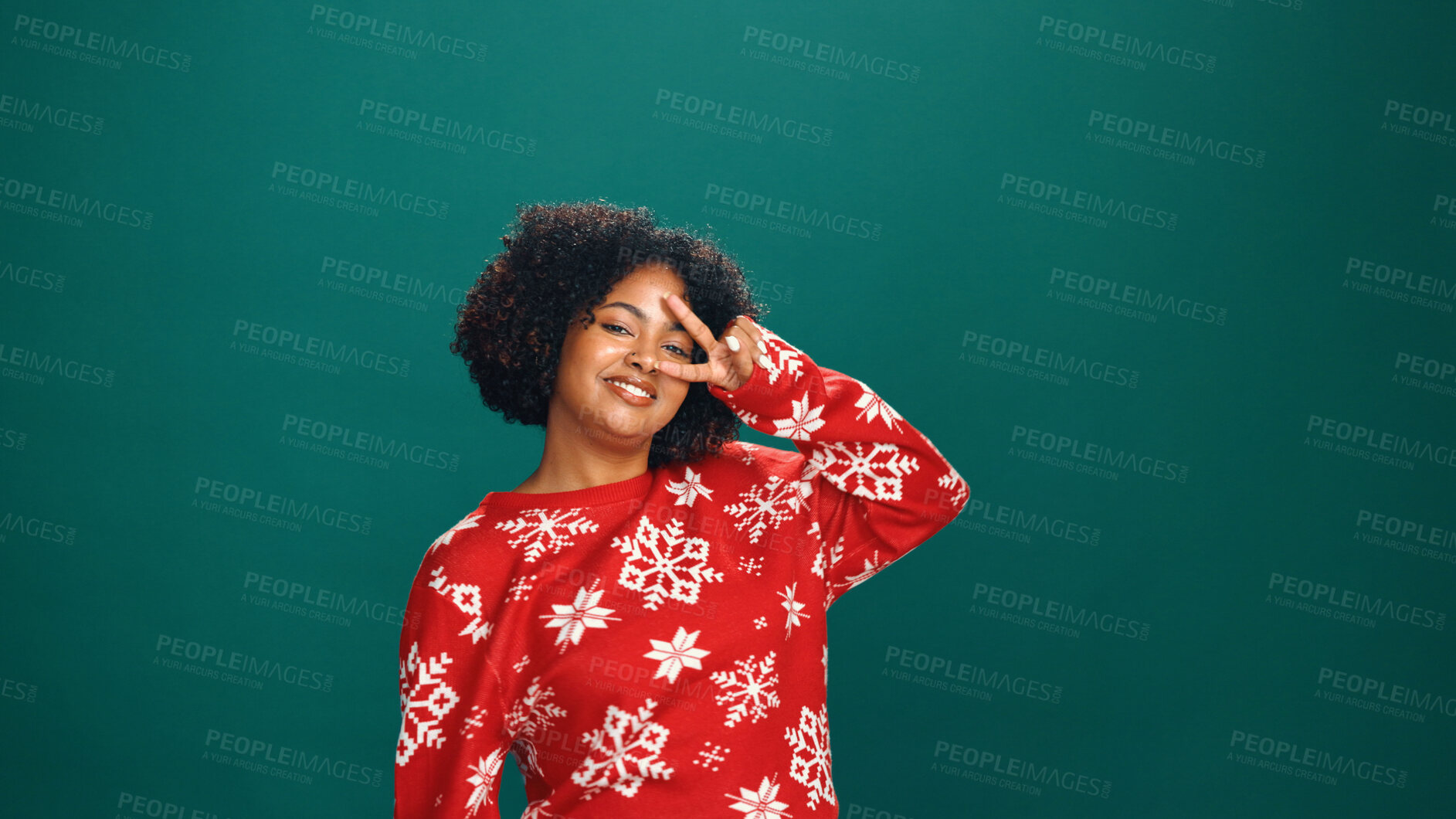 Buy stock photo Dance, peace sign and Christmas with portrait of woman in studio for holiday season, celebration and party. Festive vacation, xmas event and happiness with person on green background space for cheer