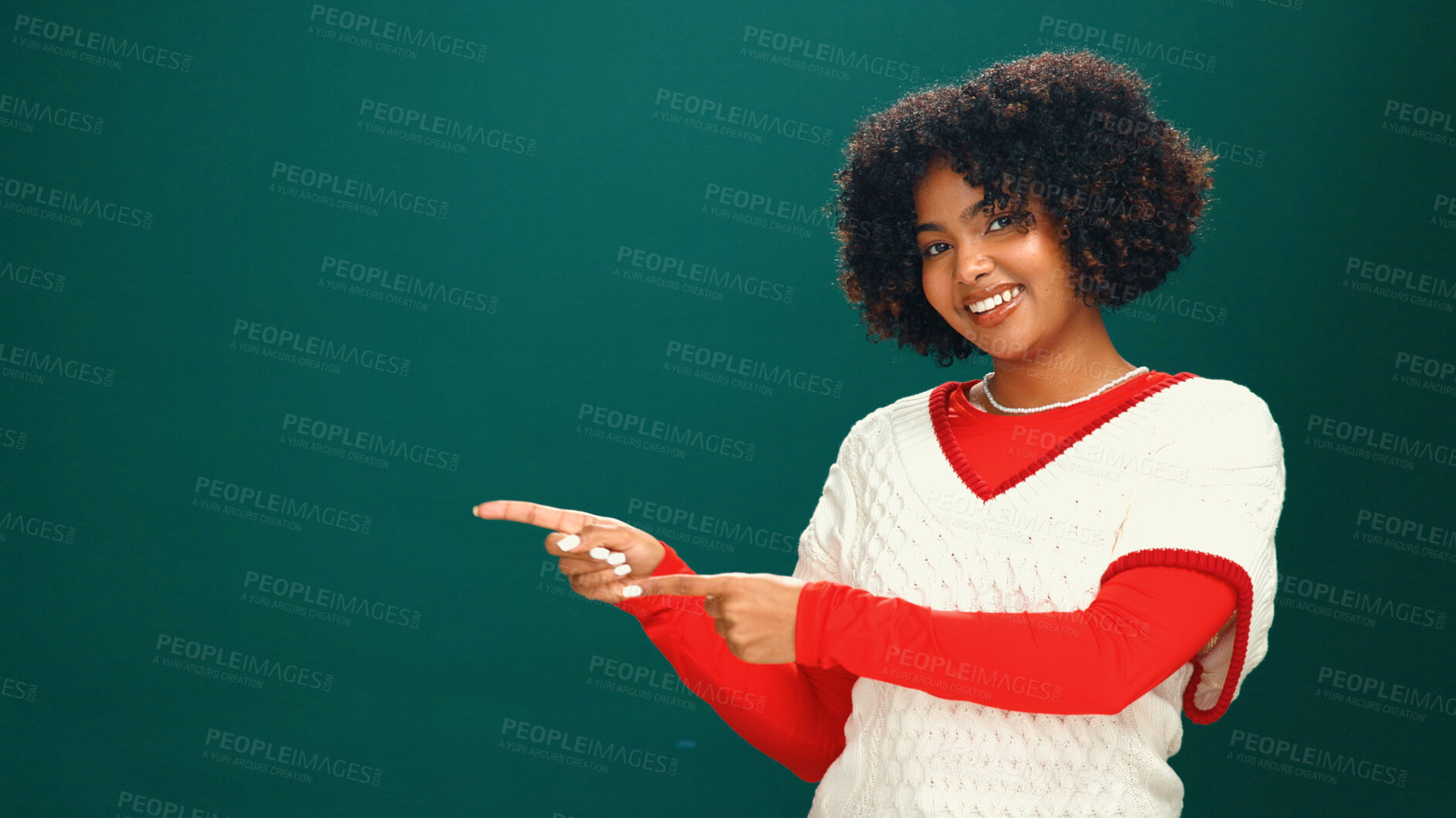 Buy stock photo Christmas, woman and pointing to space in studio for advertising, marketing or mockup. Portrait, smile and African person with promotion offer, xmas discount and festive sale on green background