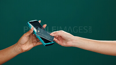 Buy stock photo Hands, POS machine or tap credit card in studio for electronic transaction, payment or purchase. Mockup space, woman or customer with easy checkout on green background for contactless service or sale
