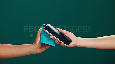Buy stock photo Hands, pos machine and scan phone in studio for electronic transaction, tap payment and purchase. Mockup space, woman and customer with easy checkout on green background for banking, service and sale