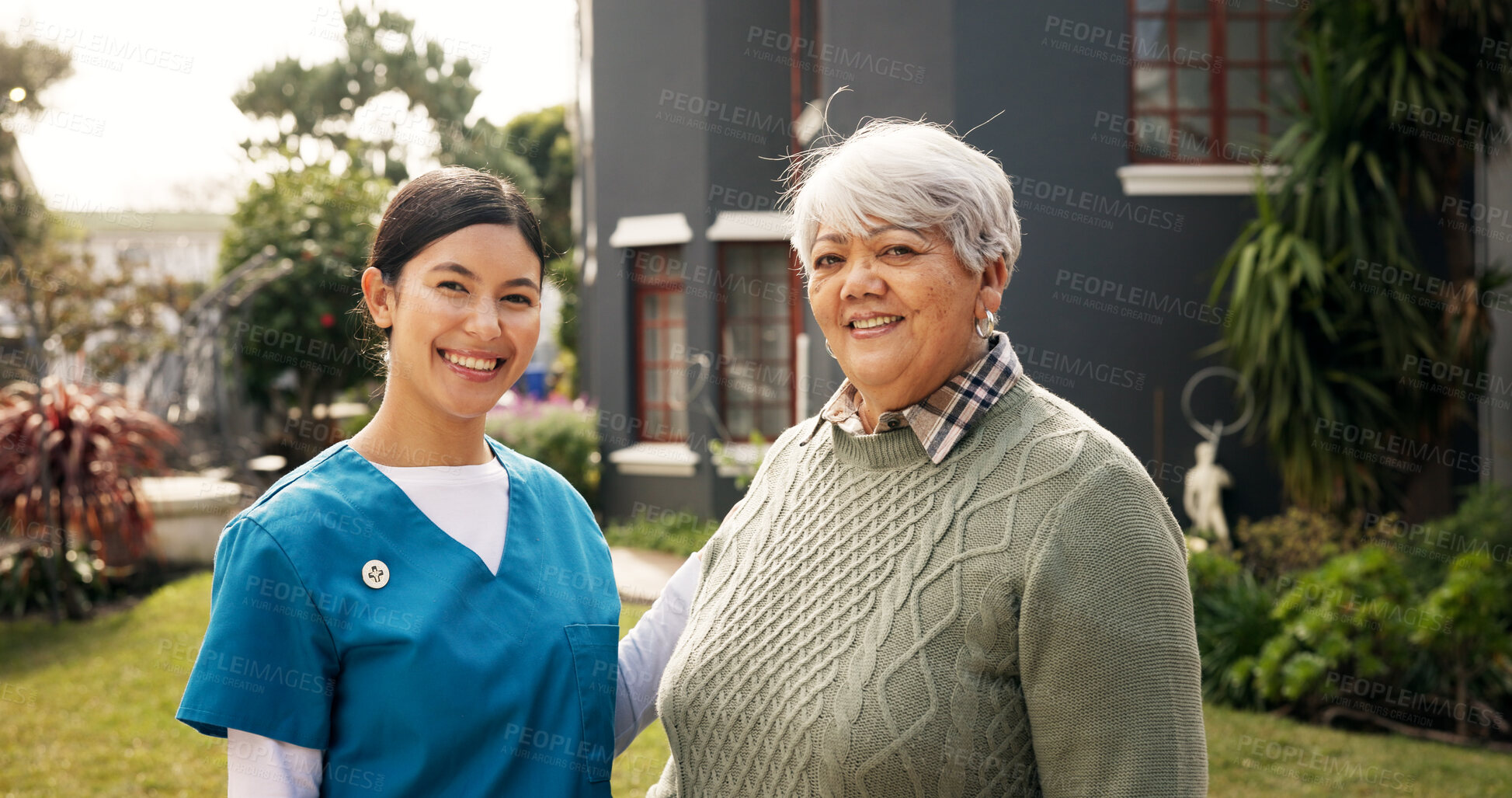 Buy stock photo Portrait, outdoor and nurse with senior woman for fresh air, wellness and support in nursing home. Retirement, happy and caregiver with elderly person in garden for relaxing, health and helping