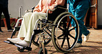 Wheelchair, nurse and support with legs of old woman for healthcare, occupational therapy and help. Kindness, rehabilitation and medical advice with person with a disability in nursing home for trust