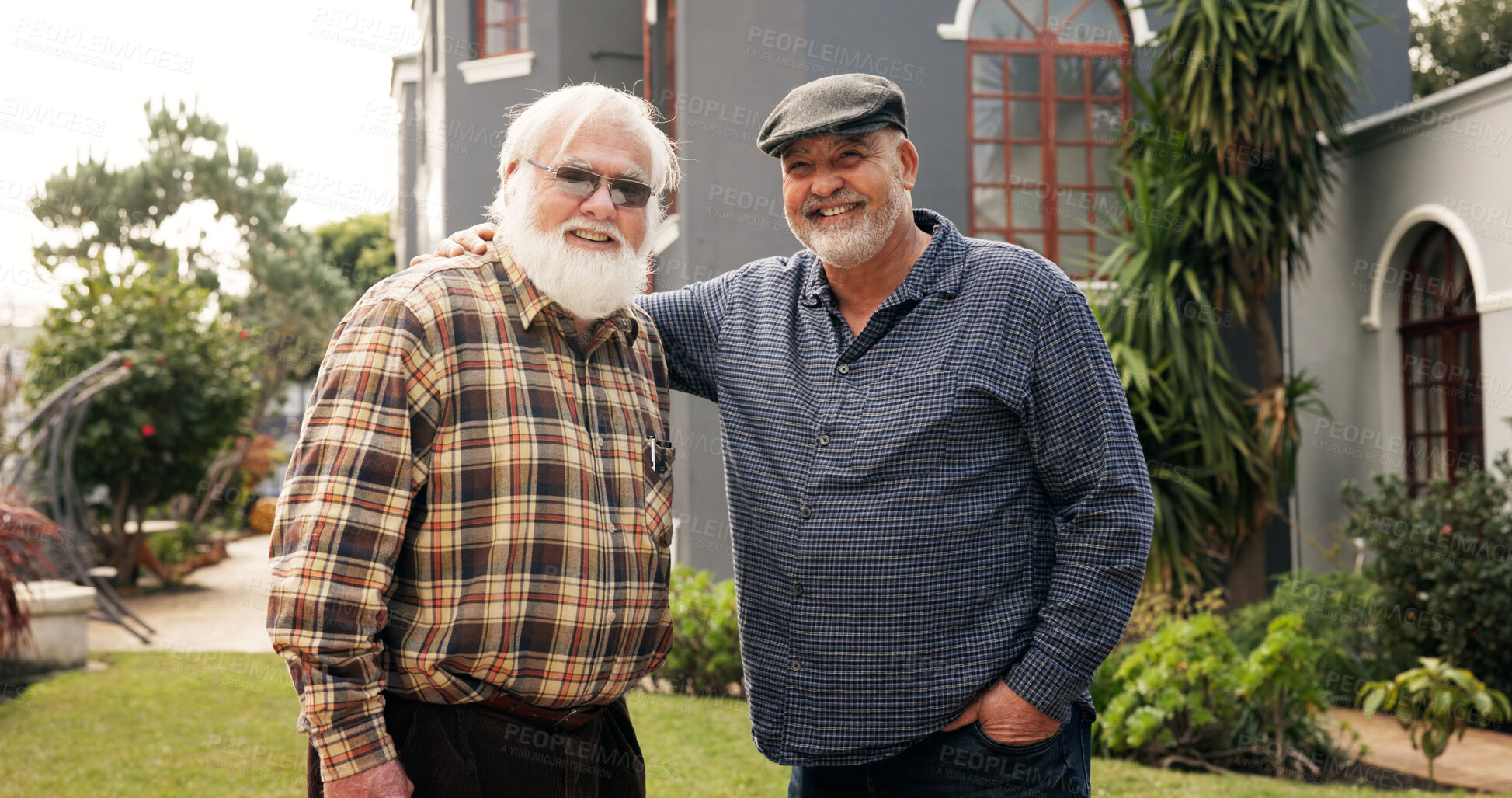 Buy stock photo Old man, friends and hug outdoor with portrait, smile and bonding at retirement village. Elderly people, happy and together with embrace in garden with pride, reunion and support on lawn in Portugal