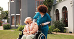 Nurse, old woman and happy outdoor with wheelchair, laugh and recovery with joke at retirement home. Caregiver, funny chat and elderly person with disability, rehabilitation and injury in garden