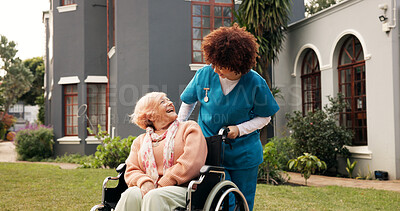 Buy stock photo Nurse, old woman and happy outdoor with wheelchair, laugh and recovery with joke at retirement home. Caregiver, funny chat and elderly person with disability, assistance and injury in garden