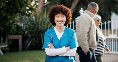 Buy stock photo Happy, crossed arms and portrait of nurse outdoor for fresh air, wellness and relax at nursing home. Nature, backyard and confident woman with pride for assisted living, senior care or caregiver