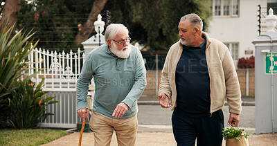 Buy stock photo Home, groceries and senior man with help for assistance, support and care walking to door. Retirement, friends and elderly people with shopping bag of food outdoor for kindness, talking and chat