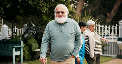 Buy stock photo Senior man, portrait and walking stick in garden, smile and outdoor for recovery, healing and injury. Elderly person with disability, cane and rehabilitation process for stroke at retirement village